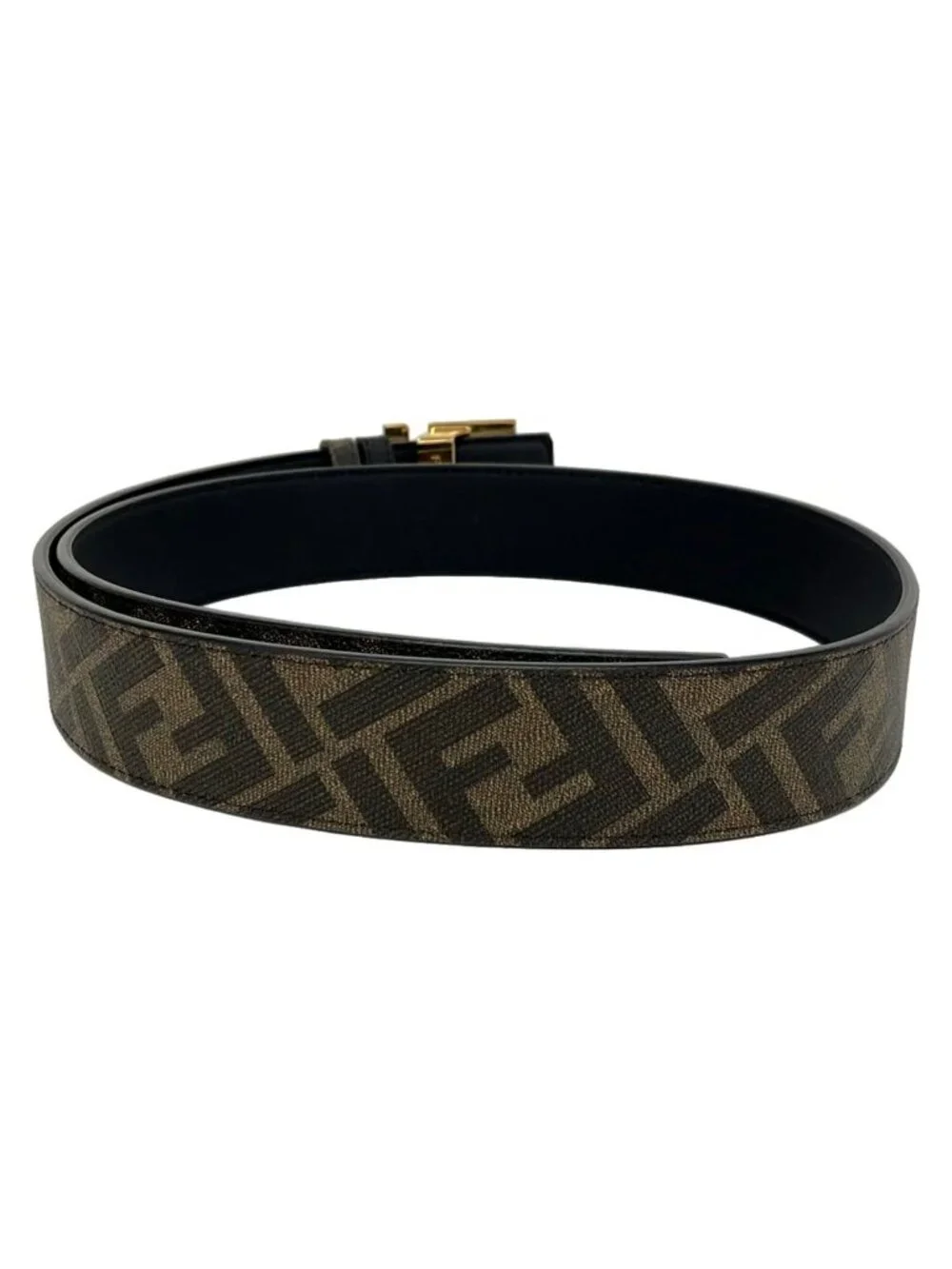 Fendi Belt Dark Brown Gold Zucca Pattern Reversible FF Square Leather